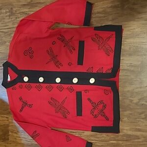 Vtg Venus Imports L Red Dragonfly Jacket Nepal Woven Art To Wear Lagenlook Sz L